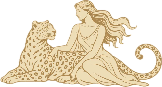 Petal Dream emblem: a woman with long hair beside a leopard