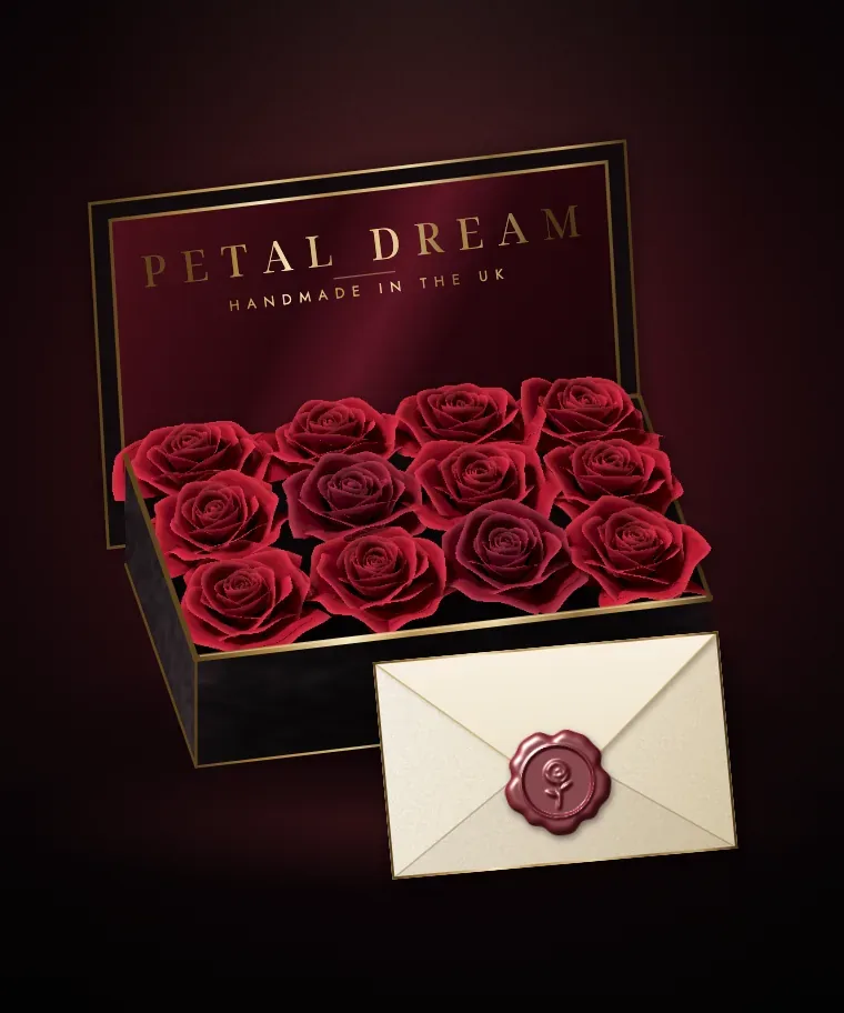 Illustration of L'Eterna: a black box of red forever roses with a sealed ivory letter