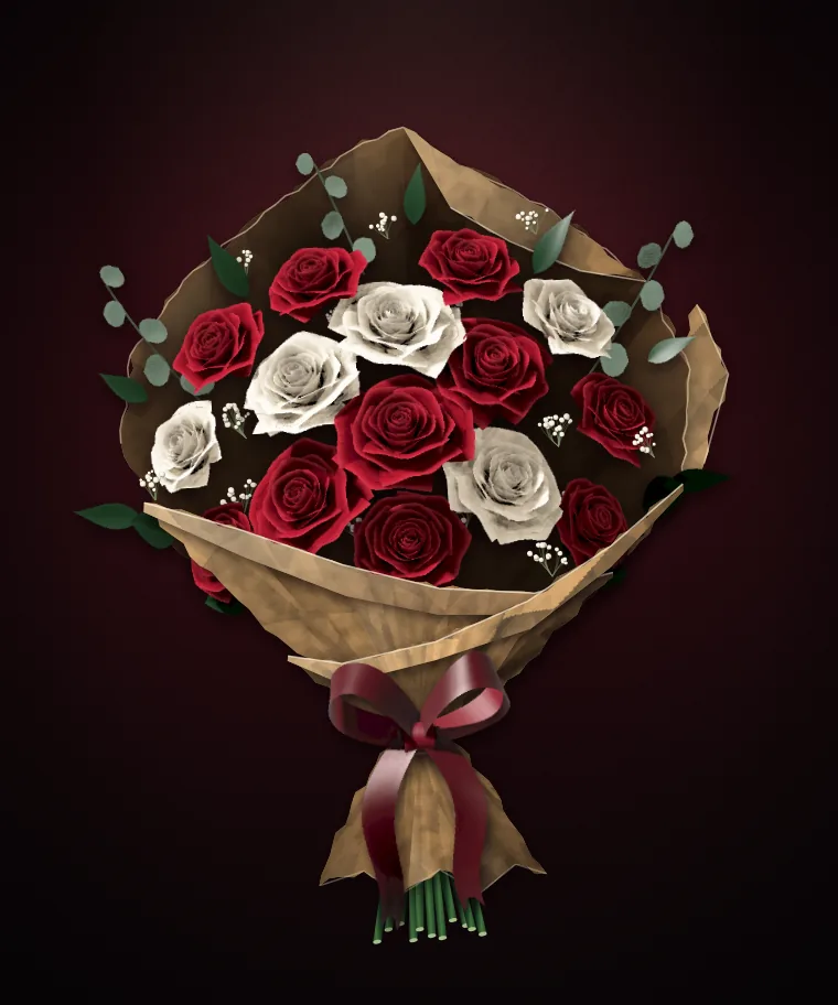 Illustration of Il Mazzo: a hand-wrapped bouquet of red and ivory forever roses